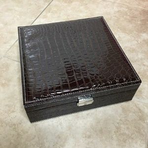 brown leather jewelry box w/ purple interior